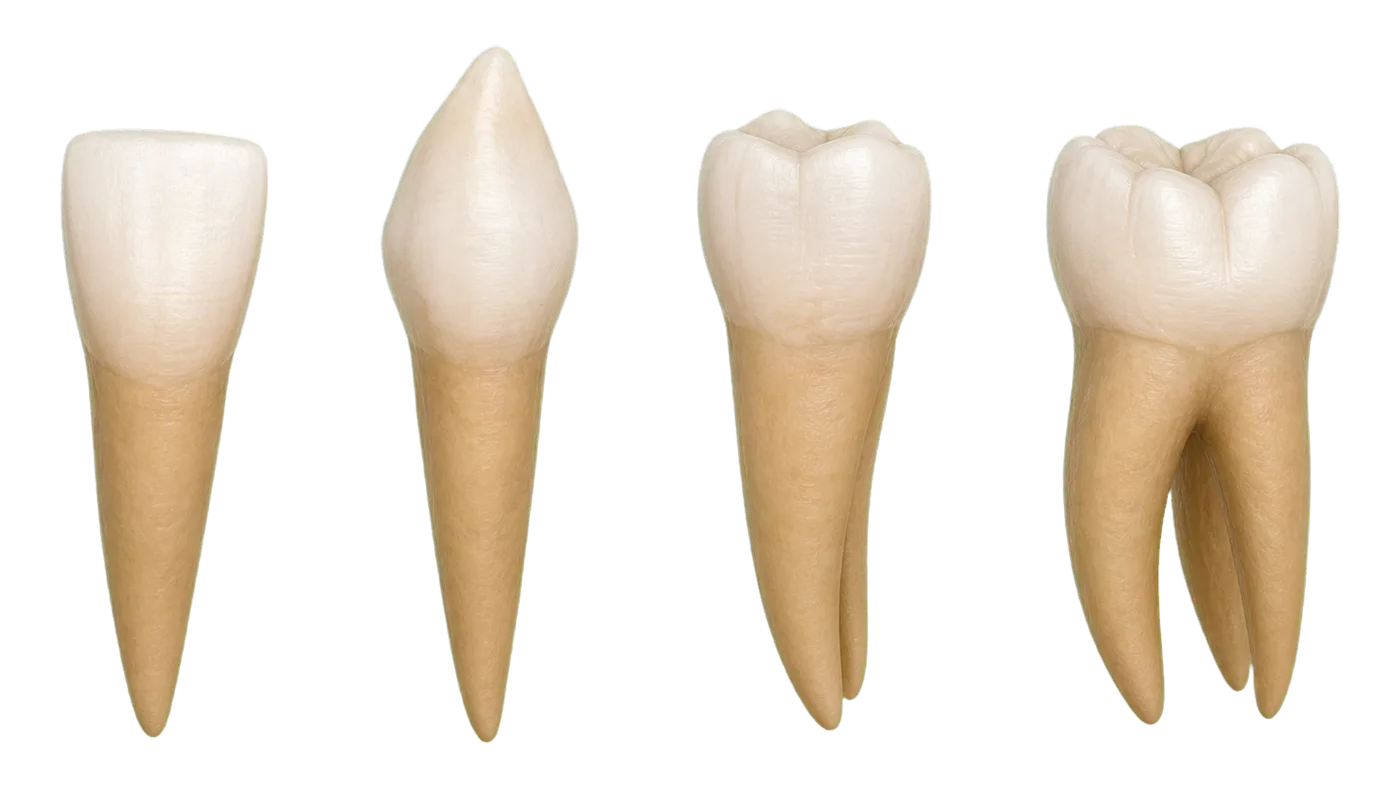 Incisor, canine, premolar & molar — Representative tooth forms / root anatomy varies
